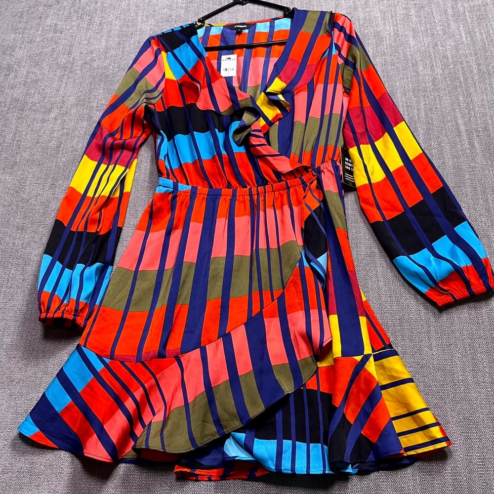 Express Fit & Flare Wrap Dress Womens Small Multi Colorblock Ruffle V Neck NEW
